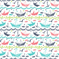 Seamless background in the concept of children's drawings. Pattern with abstract children's ships in the sea.
