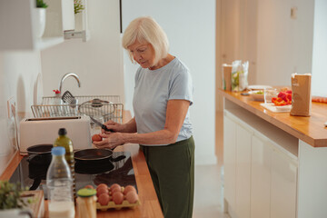 Obraz na płótnie Canvas Elderly woman cooking in kitchen at home