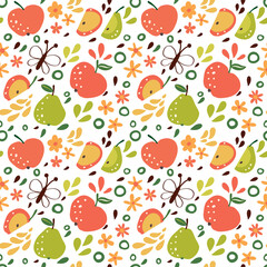 Seamless pattern with juicy apples and pears.