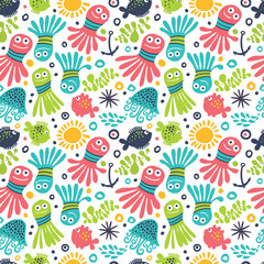Seamless background with funny cartoon octopuses and fish.
