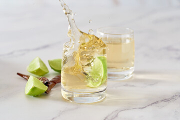 Mexican tequila splash by lime falling into the glass.