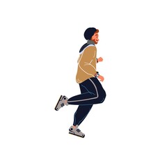 Vector flat cartoon man character runs isolated on empty background.Stylish young athlete doing sports,running-life scene,healthy sporty lifestyle social concept,web site banner ad design