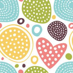 Seamless background with abstract ornament with colored circles and hearts.