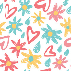 Seamless pattern with flowers and hearts.