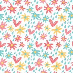 Seamless pattern with flowers, hearts and drops.