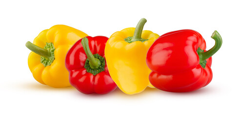 Perfectly retouched red and yellow peppers in a row isolated on white. High resolution and full depth of field