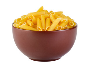 Italian pasta penne in a clay bowl isolated on white