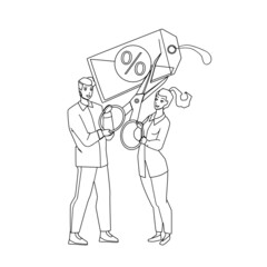 Cut Price Seasonal Special Offer In Store Black Line Pencil Drawing Vector. Woman Holding Tag And Man Cut Price Label With Scissors Accessory. Characters Cutting Rate And Sale Discount Illustration