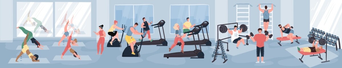 Vector flat cartoon characters enjoy various sport activities at fitness gym interior,they doing yoga,cardio workout,weight training-healthy sporty lifestyle social concept,web site banner ad design