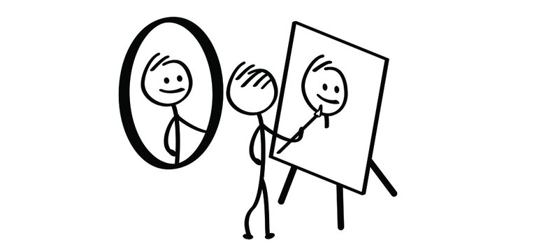 Self-portrait and easel. Stickman, stick figures man draws itself from a mirror. Drawing, paint people face portrait. Cartoon, comic selfie on canvas.