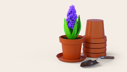 Hyacinth flower in ceramic pot with garden trowel, 3d render