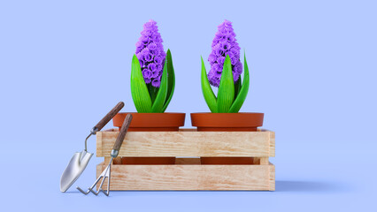 Flowers in ceramic pots in wooden box with garden tools, 3d render