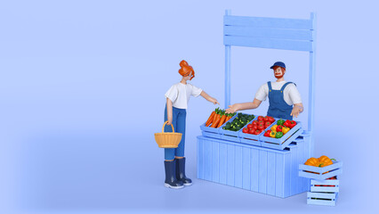 Man salesperson sell organic vegetables to woman at farmer market, 3d render