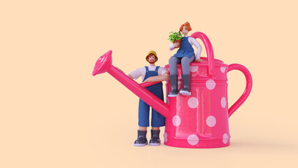 Composition of a couple gardeners near a large watering can, 3d render