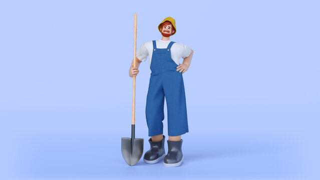 Smiling man gardener with shovel in blue jumpsuit and yellow panama, 3d render