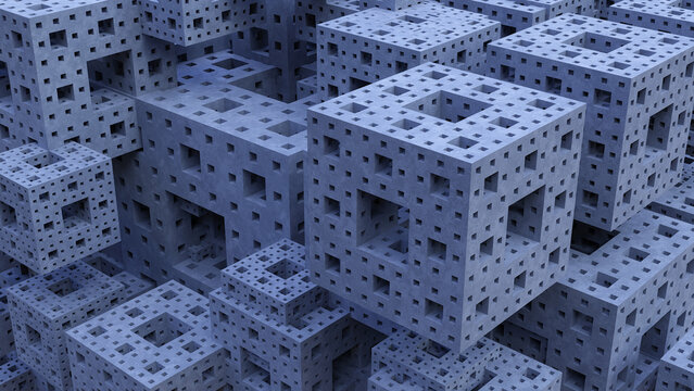 menger sponge square structure fractal blocks futuristic background 3D illustration