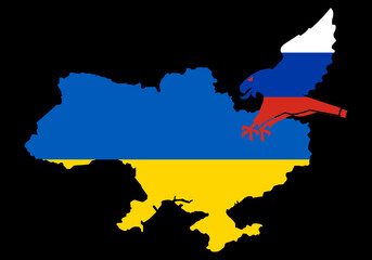 Russia in the form of an eagle attacked Ukraine country map. Conception for aggression, occupation and genocide by a neighboring state towards Ukraine. Pray For Ukraine peace. Save Ukraine from Russia