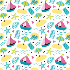 Seamless summer background with yachts, umbrellas, flip flops, towel, starfish and sun.