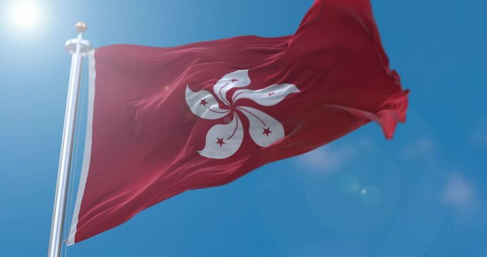 View of Hong Kong flag flapping on flagpole with sky behind
