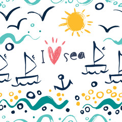 Seamless pattern with ships, fish, sun, clouds, sea and waves.