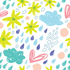 Fototapeta na wymiar Seamless spring pattern with flowers, rain and hearts.
