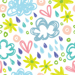Seamless spring pattern with flowers, rain and hearts.