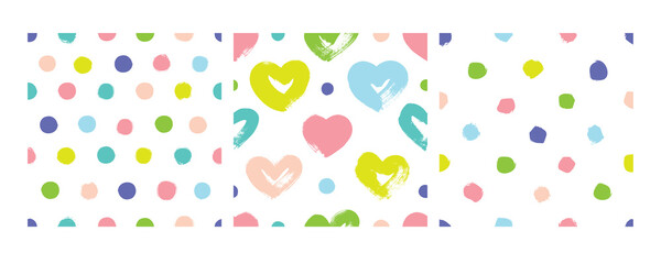 Set of seamless patterns with hearts and polka dots.