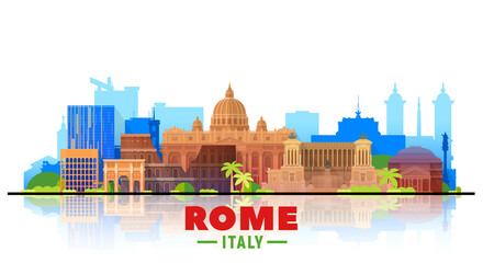 Rome ( Italy ) skyline with panorama in white background. Vector Illustration. Business travel and tourism concept with modern buildings. Image for presentation, banner, website.