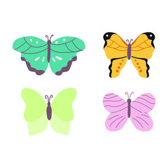 Butterfly set. Colorful cartoon vector illustration. Hand drawn spring summer idesign element.