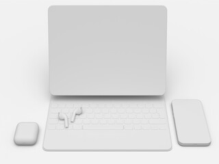 Aluminum laptop with mobile phone headphones on white background