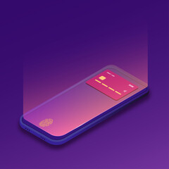 Contactless payments concept. Smartphone screen with credit card. Mobile banking app and wallet. Payments via smartphone with fingerprint. Vector illustration.
