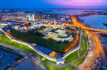 Panoramic aerial top view of Kazan Kremlin Kul Sharif mosque islam republic sunset, Tatarstan Russia