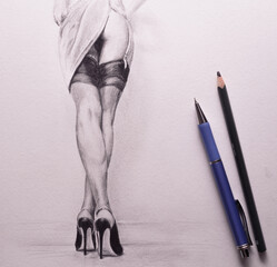 drawn legs in stockings with mechanic pencil 