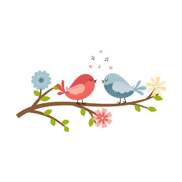 Two cute cartoon bird couple in love are sitting on a branch with flowers and chirping.Animal characters for Easter and Spring cards. Color vector illustration isolated on a white background
