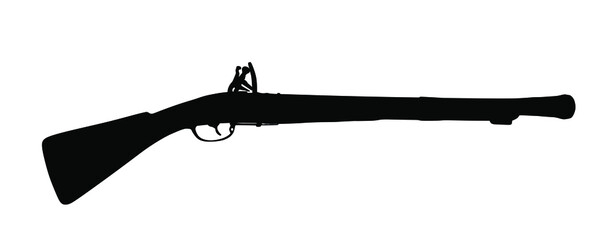 Old flintlock rifle vector silhouette illustration isolated on white background. Rustic vintage gun symbol. Ancient musket silhouette. Historical weapon, retro military arms. Eighteenth century period