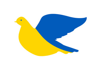 Flying dove symbolizing free Ukraine country. The concept is a fluttering bird painted in the colors of the national Ukrainian flag. Symbol of independence. Vector illustration on white background.