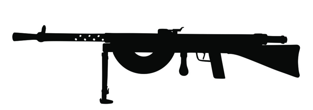 Machine gun vector silhouette illustration isolated on white background. Deadly powerful army weapon. Military rifle symbol.