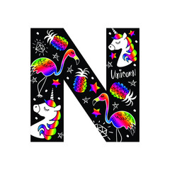 N letter with unicorn, flamingo and pineapple, vector illustration design for fashion graphics, prints, invitations etc