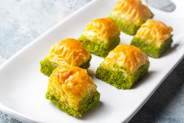 Traditional delicious Turkish dessert; pistachio baklava (Turkish name; kuru baklava)