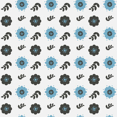 Pattern with black and blue flowers and branches