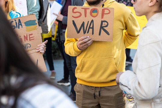 Stop war. demonstration of Ukrainian people against the entry of Russian troops, solders into Ukraine, against Putin. The War in Europe