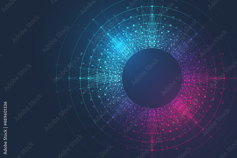 Aufkleber Quantum computer technology banner design template concept, gravitational wave. Deep learning artificial intelligence. Big data algorithms visualization for business, science, technology illustration.