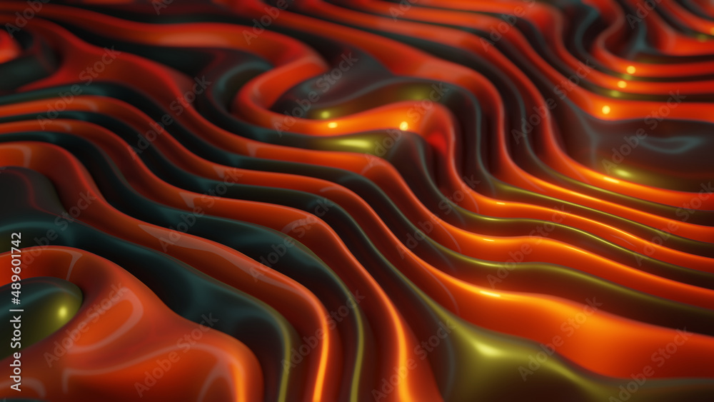 Poster 3d rendering of a beautiful abstract background of dark and golden sinuous lines of different thickn