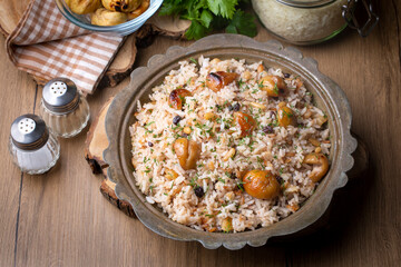 Traditional delicious Turkish food; chestnut rice pilaf (Turkish name; kestaneli pilav)