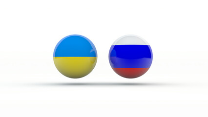 3d rendering of two spheres with flags of Ukraine and Russia. The idea of an armed and political confrontation between the two countries