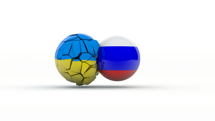 3d rendering of the collision of two spheres with the flags of Ukraine and Russia. Ukraine is in cracks. The idea of an armed and political confrontation between the two countries.