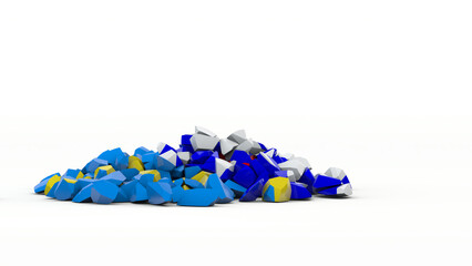 3d rendering of stones, fragments with colors of flags of Ukraine and Russia. The idea of catastrophic consequences for Ukraine and Russia.