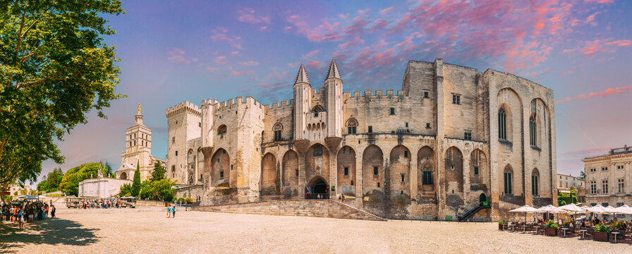 Avignon, Provence, France. Panorama of Ancient Popes Palace, Saint-Benezet, Avignon, Provence, France Famous landmark Altered Sunrise Sky