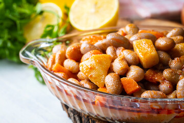 Cranberry Bean Stew Turkish Barbunya Pilaki, Potato and carrot pinto beans (Turkish name; patatesli...