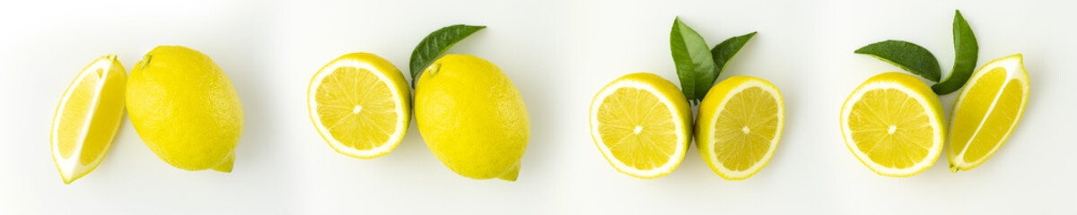 Set or collection of fresh ripe whole, half and sliced lemon isolated on white background. Collection